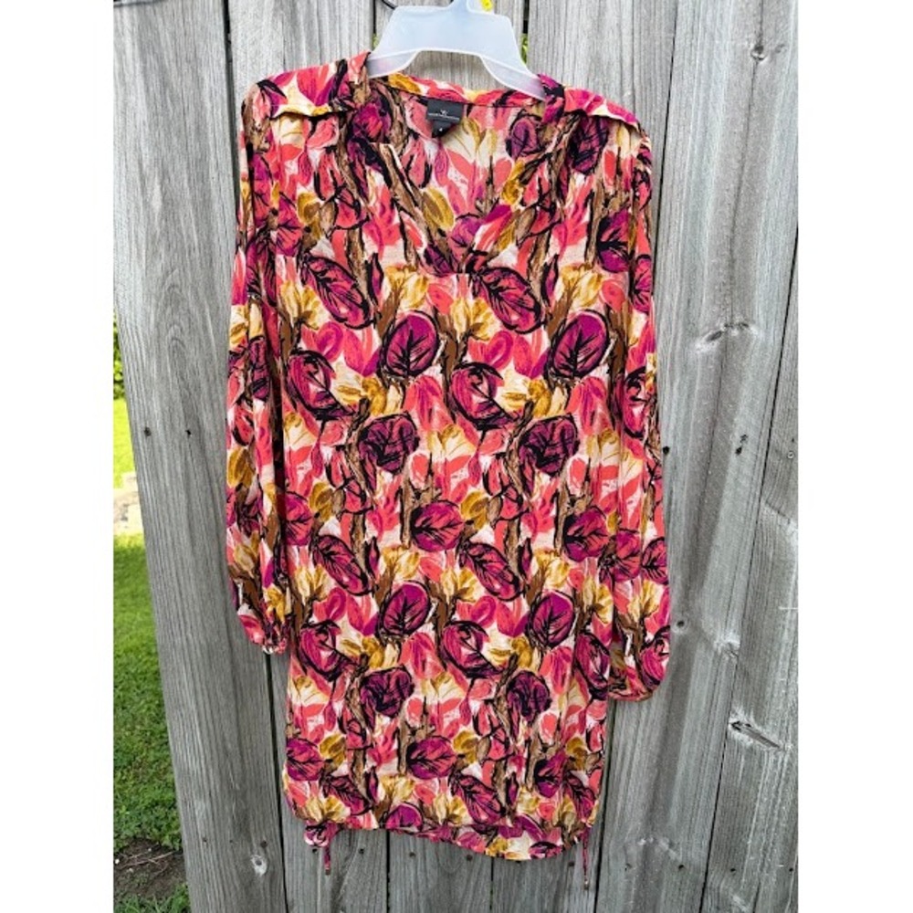 Boho Floral Worthington Tunic Dress Medium Pink Orange Long Sleeve Shift